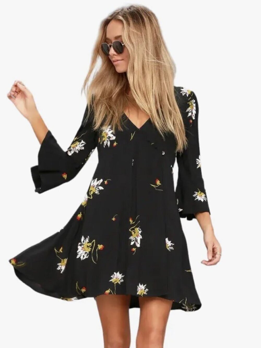 Free People Womens Time On My Side Floral Print Bell Sleeves Wrap Dress Black XS